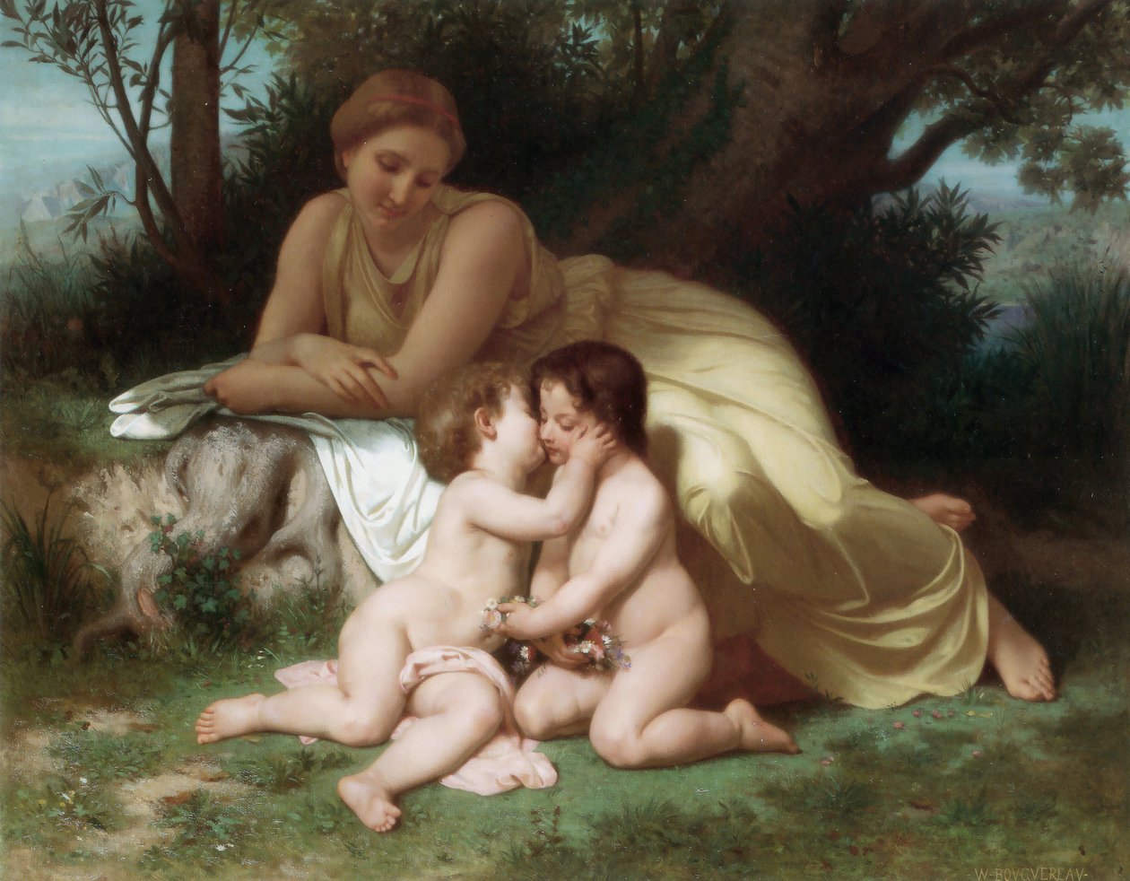 Fiatal nő szemlélődő két ölelkező gyerek alkotó: William Adolphe Bouguereau