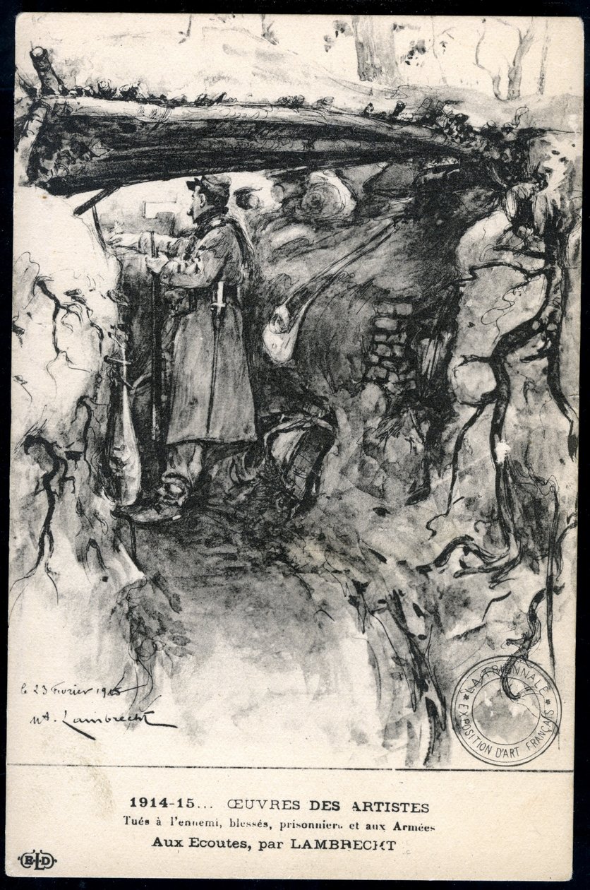 Első világháború – 14–18. háború (1914–1918) – I. világháború (WW vagy WW1): Franciaország, Hazafias térkép, amelyen egy lövészárokban lévő katona rajza látható, aki a frontvonalat figyeli, címe: „hallgat” alkotó: William Adolphe Lambrecht