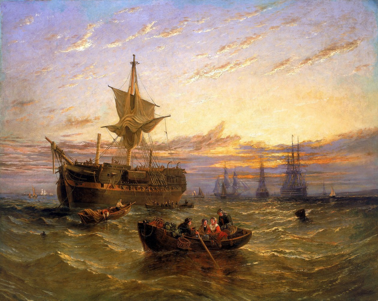 Brit kelet-indiai kereskedelmi hajó a Temzén (Anglia). William Adolphus Knell (1802-1875) olaj, vászon. alkotó: William Adolphus Knell