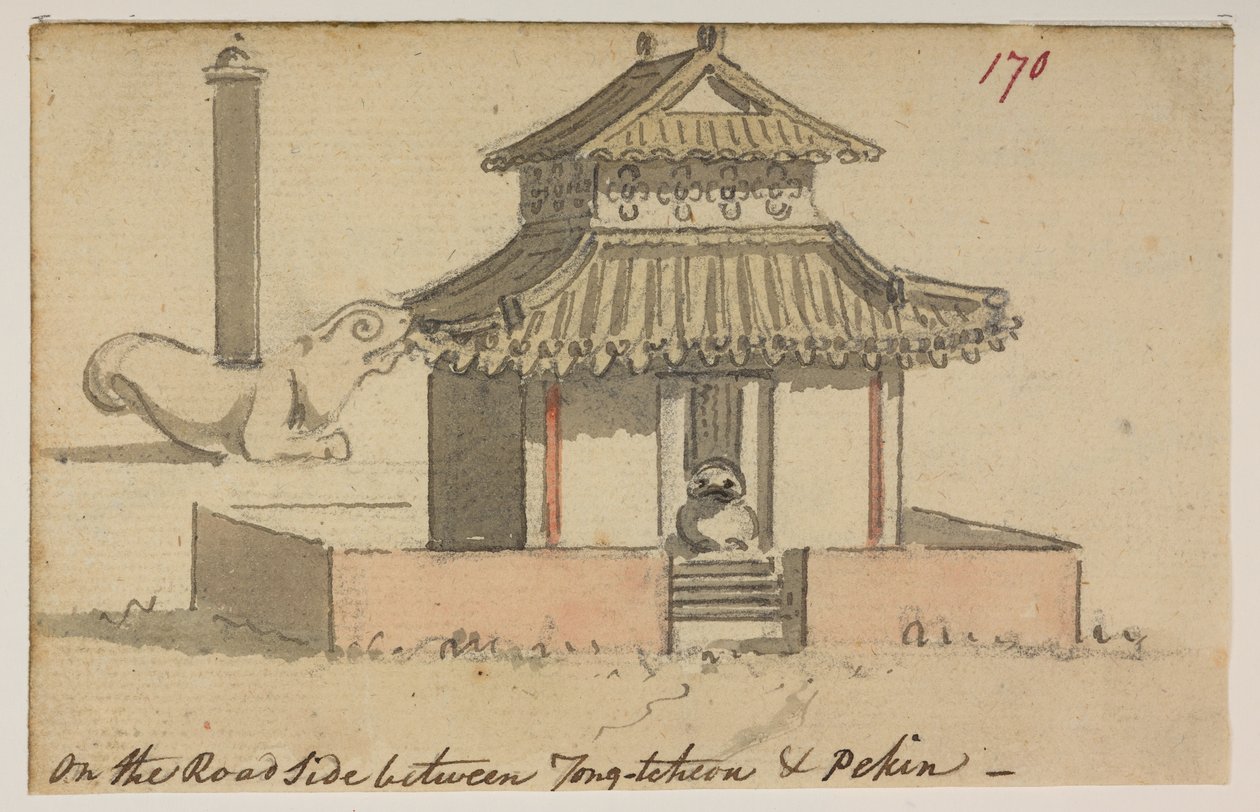 170 Temple „Az út oldalán Tong-tcheon és Pekin között”.  , egy 372 rajzot tartalmazó albumból tájakról, tengerpartokról, jelmezekről és mindennapi életről, amely Lord Macartney kínai császári nagykövetsége idején készült, 1792 és 1794 között (ceruza és akv alkotó: William Alexander