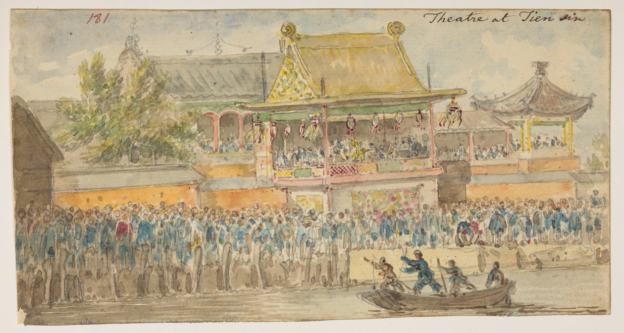 181 „Theatre at Tien sin”.  , egy albumból, amely 372 tájat, tengerpartot, jelmezeket és mindennapi életet ábrázoló rajzot tartalmaz Lord Macartney kínai császári nagykövetsége idején, 1792 és 1794 között (ceruza és akvarell papíron) alkotó: William Alexander