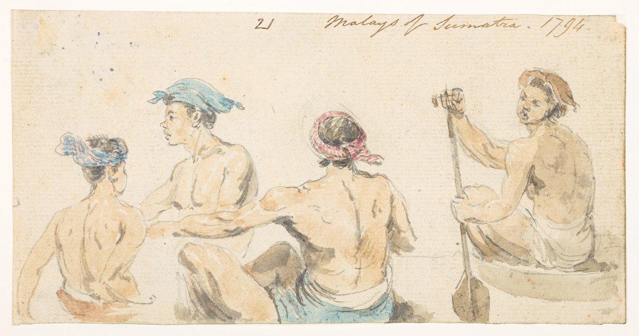 21 21 „Szumátrai malájok. 1794.”  egy albumból, amely 372 tájat, tengerpartot, jelmezeket és mindennapi életet ábrázoló rajzot tartalmaz Lord Macartney kínai császári nagykövetsége idején, 1792 és 1794 között (ceruza és akvarell papíron) alkotó: William Alexander