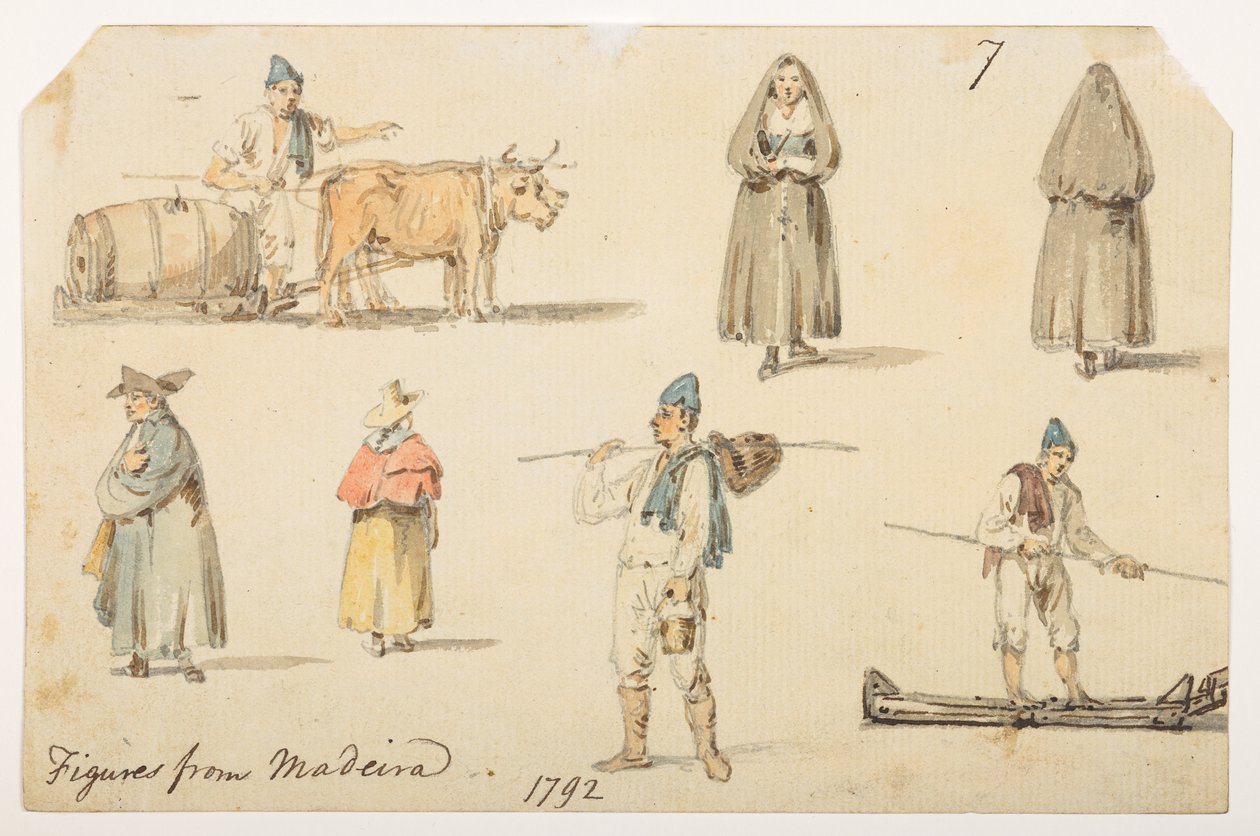 7’ Madiera figurái. 1792.”  egy albumból, amely 372 tájat, tengerpartot, jelmezeket és mindennapi életet ábrázoló rajzot tartalmaz Lord Macartney kínai császári nagykövetsége idején, 1792 és 1794 között (ceruza és akvarell papíron) alkotó: William Alexander