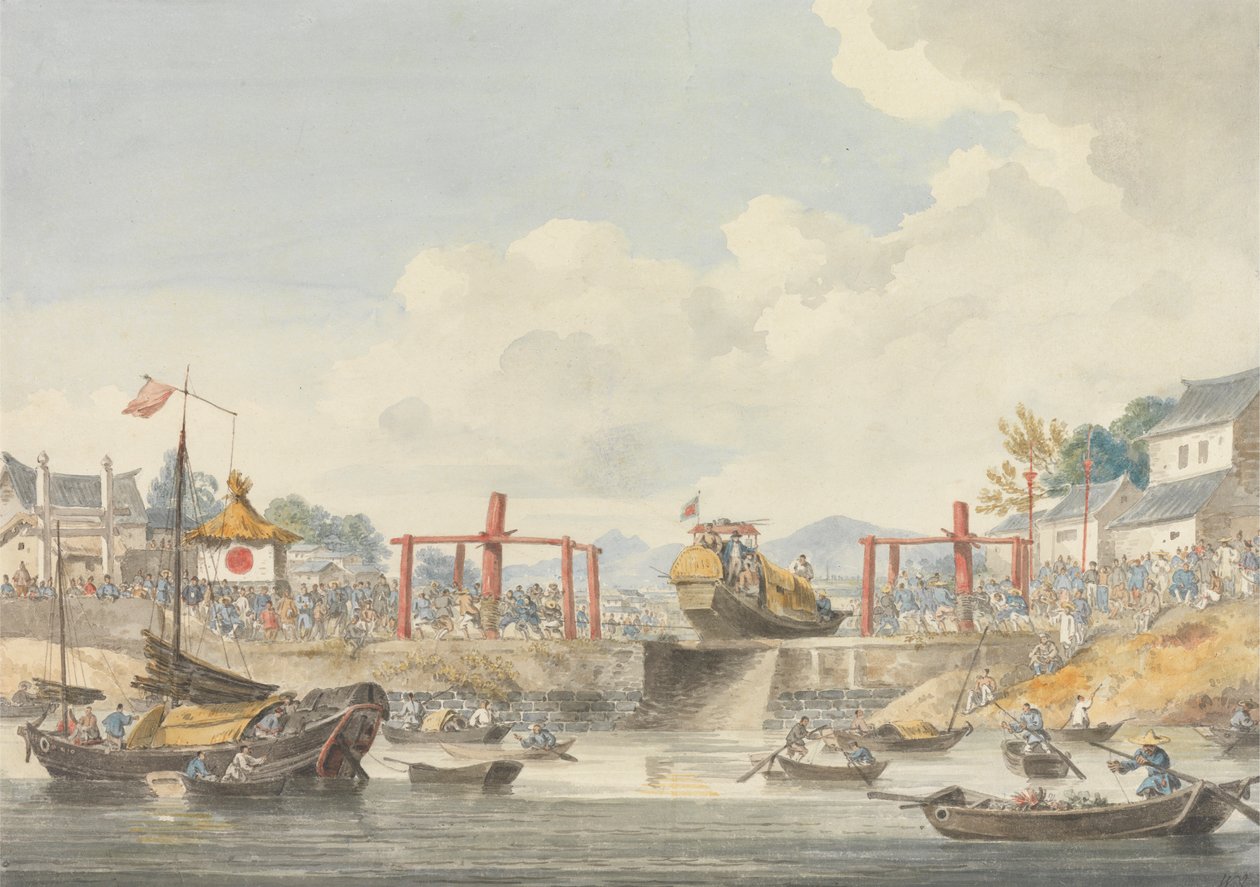 A nagykövetség bárkáit egyik csatornából a másikba emelik, úton Han-Tcheou-Foo-ból Tchu-Sanba, 1793. november 16. alkotó: William Alexander