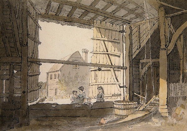 Figurák egy pajtaajtóban a plébániaházban, Addington közelében, Kentben (ceruza és akvarell papíron) alkotó: William Alexander