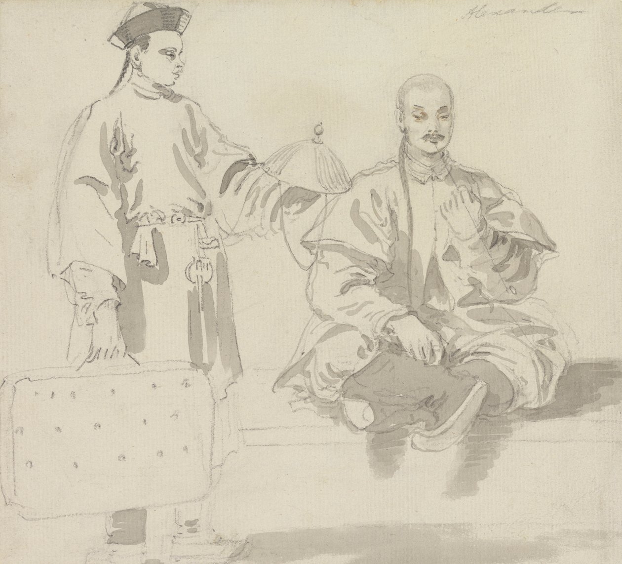 Két kínai figura: egy kalapárus és egy férfi, aki keresztben ül, pipázik alkotó: William Alexander