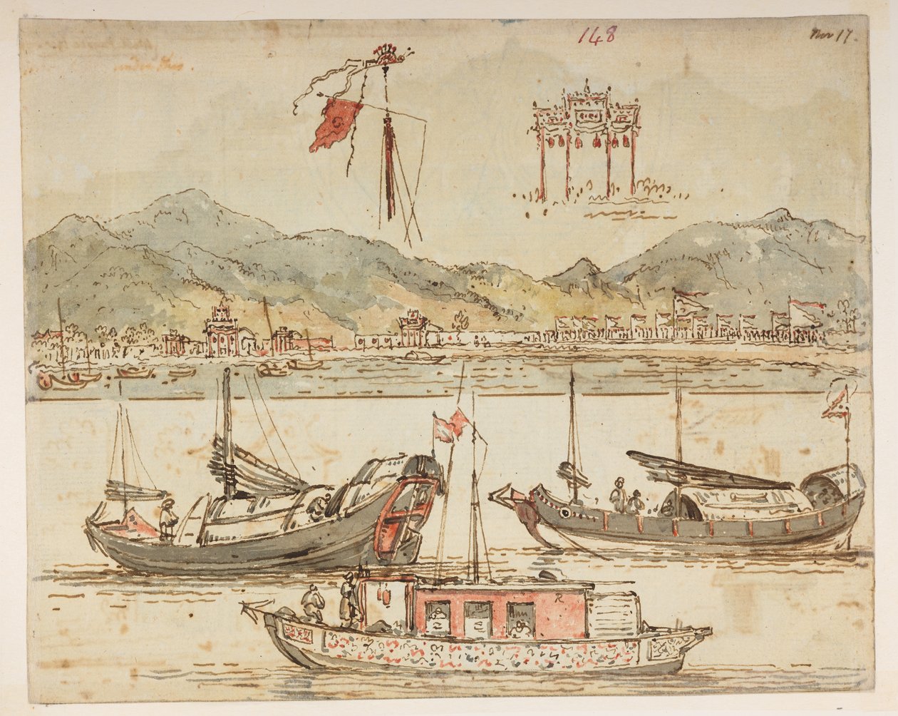 f.59 148 Csónakok és diadalívek.  , egy albumból, amely 372 tájat, tengerpartot, jelmezeket és mindennapi életet ábrázoló rajzot tartalmaz Lord Macartney kínai császári nagykövetsége idején, 1792 és 1794 között (ceruza és akvarell papíron) alkotó: William Alexander