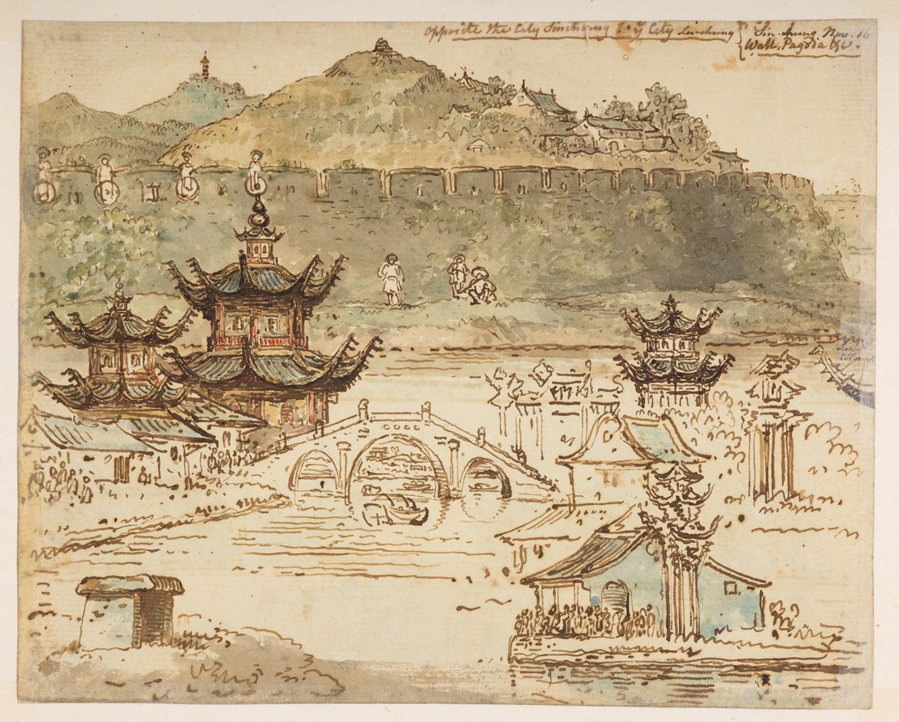 f.59 148v „A Shin-ring várossal szemben, Liu-shung városában. Sin-chung nov. 16. Fal, Pagoda stb.”, egy 372 tájat, tengerpartot, jelmezeket és mindennapi életet ábrázoló rajzot tartalmazó albumból, amely Lord Macartney kínai császári nagykövetsége idején k alkotó: William Alexander