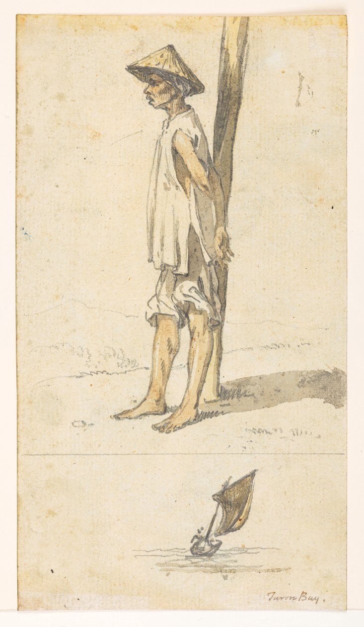 f.5 32v Fiatal férfi egy fának dőlve; egy csónak. – Turon Bay.  egy 372 rajzot tartalmazó albumból tájakról, tengerpartokról, jelmezekről és mindennapi életről, amelyeket Lord Macartney kínai császári nagykövetsége idején készítettek 1792 és 1794 között (c alkotó: William Alexander