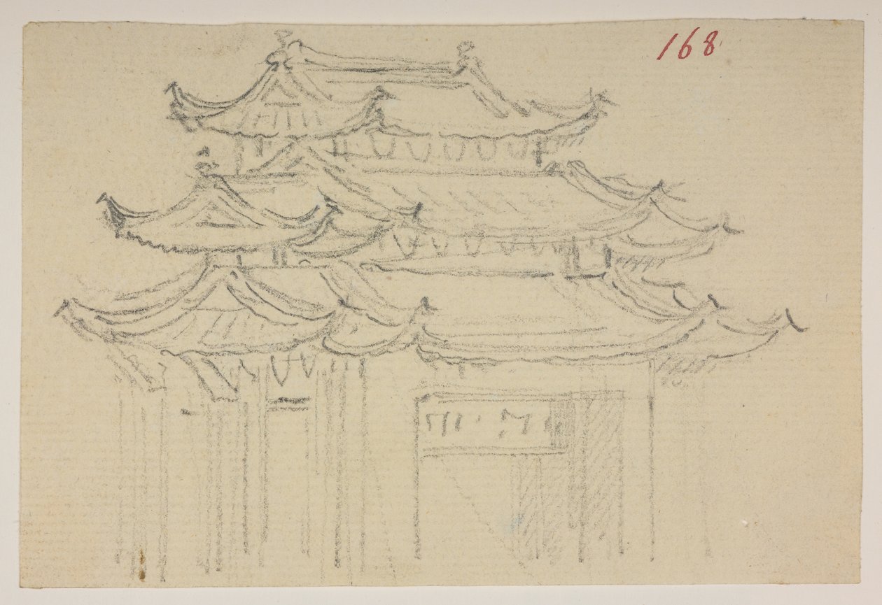 f.63 168 Templomok.  , egy albumból, amely 372 tájat, tengerpartot, jelmezeket és mindennapi életet ábrázoló rajzot tartalmaz Lord Macartney kínai császári nagykövetsége idején, 1792 és 1794 között (ceruza és akvarell papíron) alkotó: William Alexander
