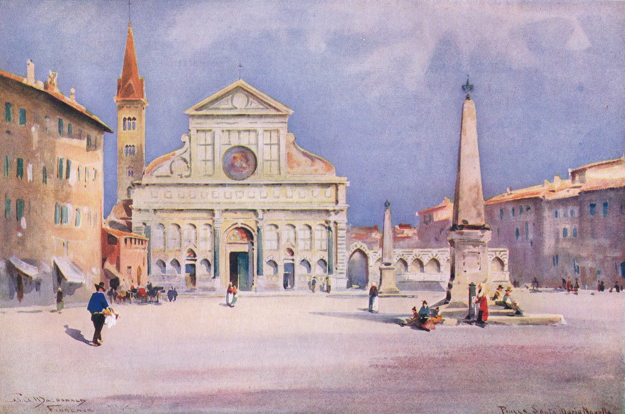 Piazza S. Maria Novella, Firenze, Hutchinson festői Európájából, a Hutchinson & Son kiadásában, 1930 körül (színes litó) alkotó: William Alister Macdonald