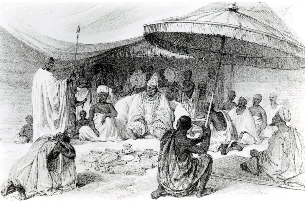 Az Attah a „Picturesque views on the River Niger, Lander legutóbbi, 1832-33-as látogatása során felvázolt” című kötetből, Charles Haghe litográfiája, 1840 alkotó: William Allen