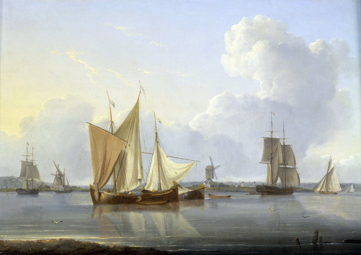 Érkezés Limehouse-ba, London (Anglia), különböző hajók a Temzén és egy malom a parton, jobbra a Greenwich kórház. Olaj, vászon, 1820 körül, William Anderson (1750-1778) alkotása. alkotó: William Anderson