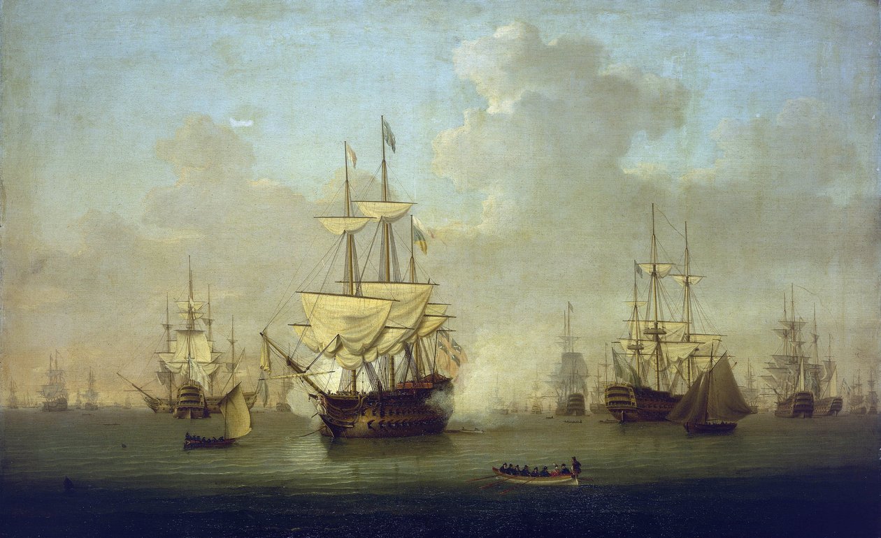 A "Queen Charlotte", egy új 104 ágyús hadihajó, Spitheadben (Anglia) 1790-ben, a francia függetlenségi háborúk (1793-1802) előestéjén. alkotó: William Anderson