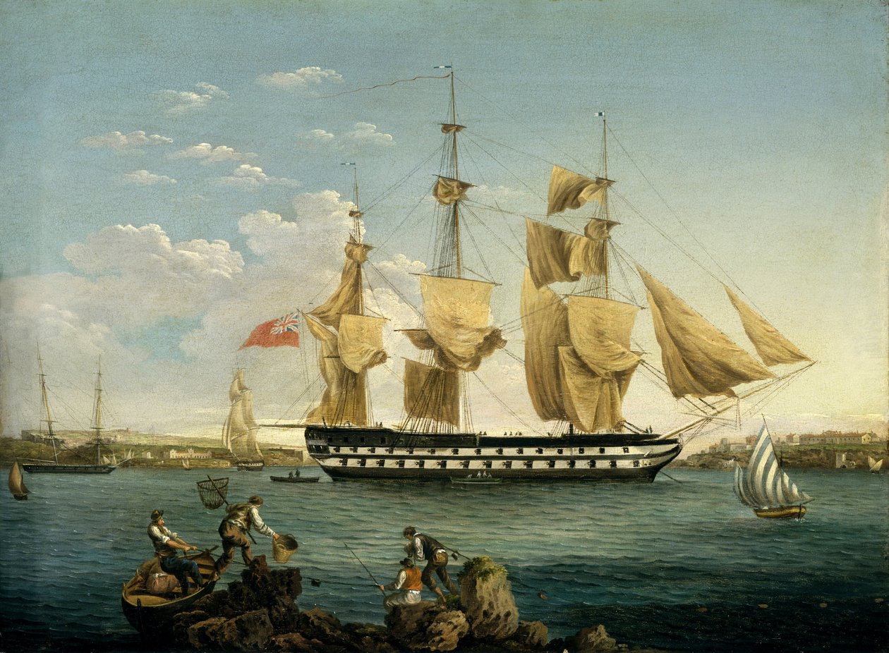 A HMS "Duncan" hajó Mahonban (Menorca szigetén, Spanyolországban). Olaj, fa alkotó: William Anderson