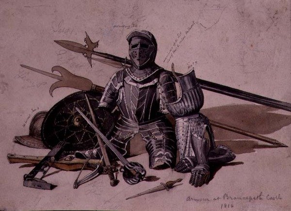 Páncélzat és fegyverek tanulmányozása a durhami Brancepeth kastélyban alkotó: William Andrews Nesfield