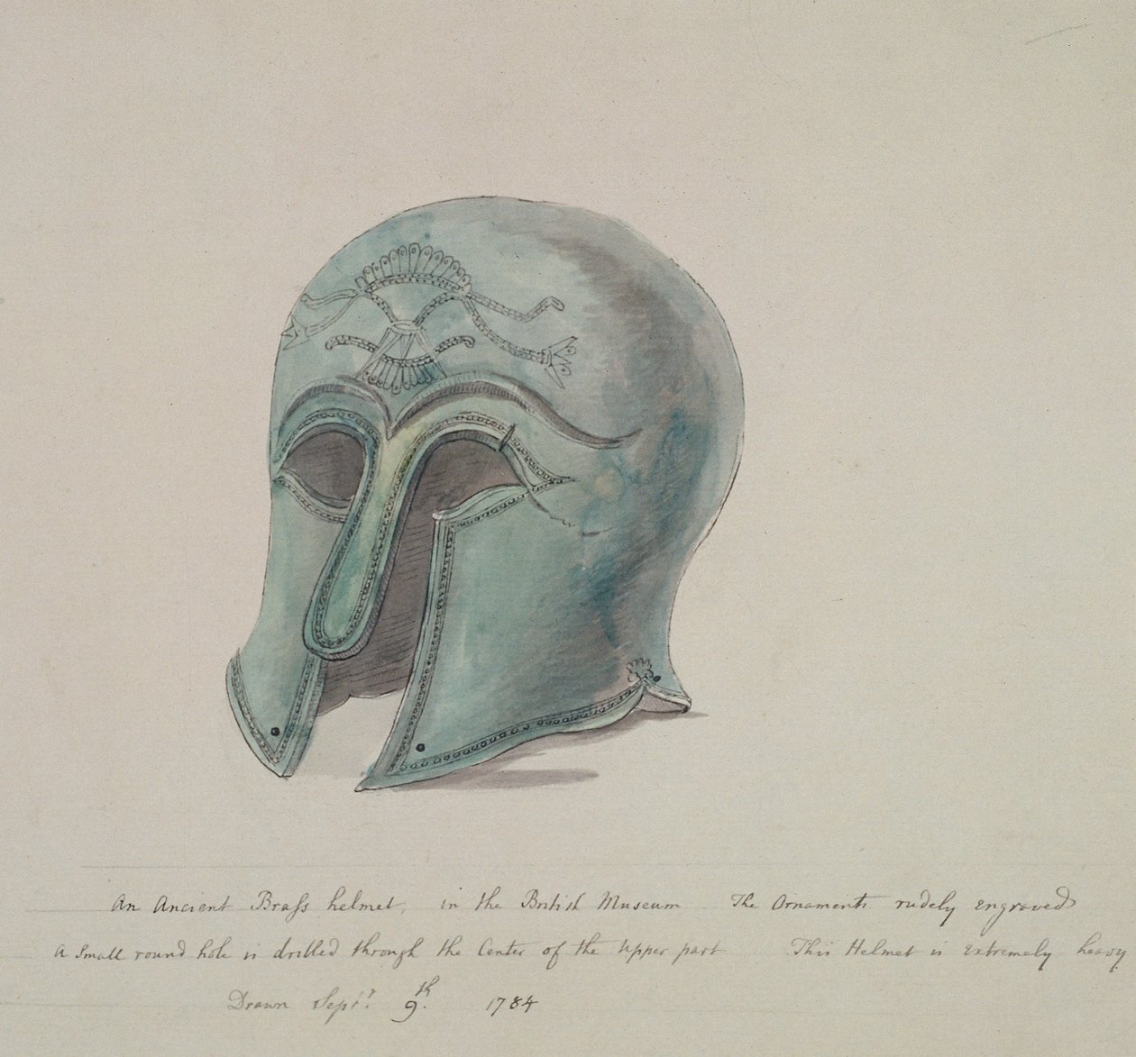 Ősi sárgaréz sisak a British Museumból, Holborn, London, 1784 alkotó: William Angus