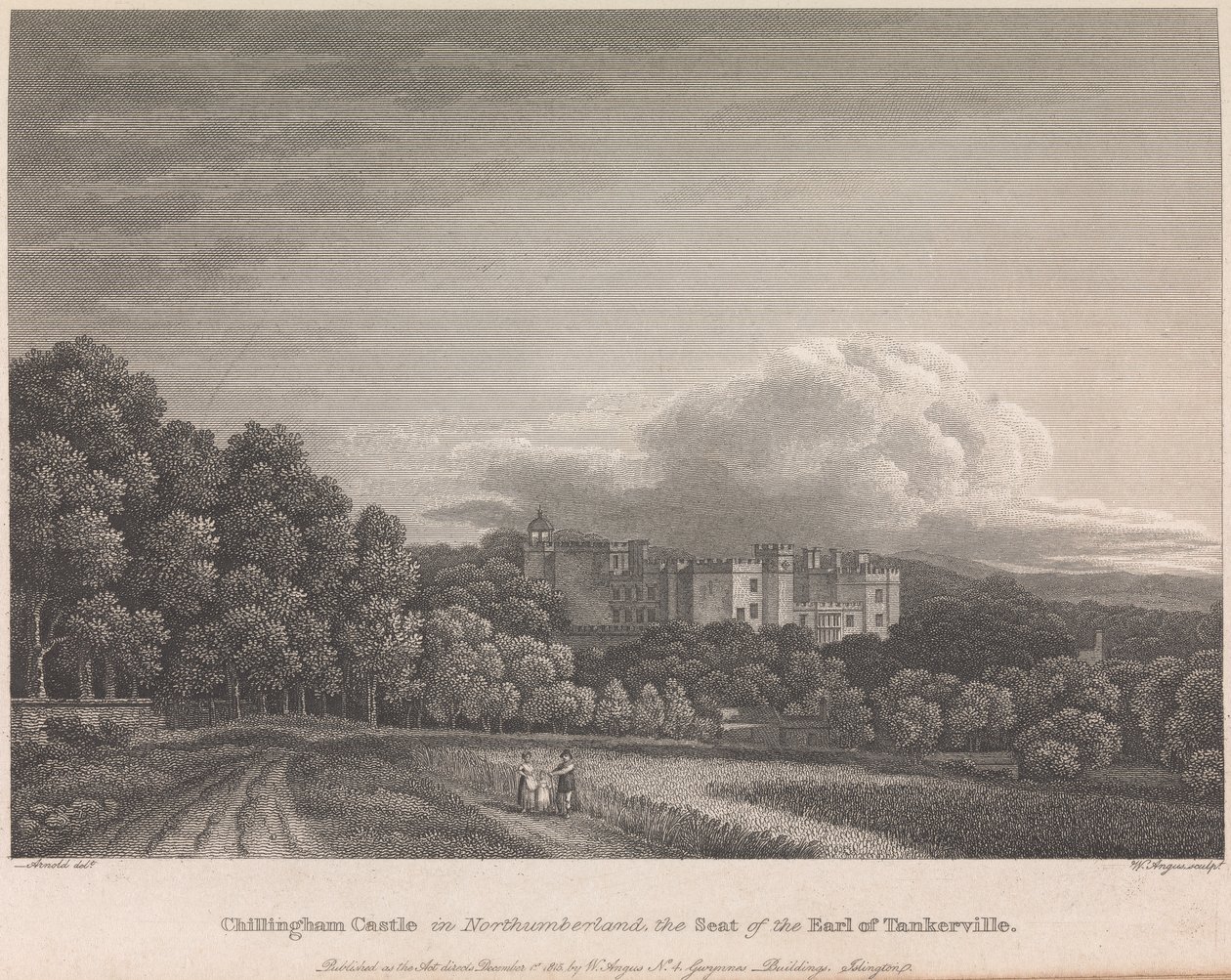 Chillingham Castle in Northumberland, Tankerville grófjának székhelye (W. Angus kiadó): 62. tábla; 62. oldal (Első kötet) alkotó: William Angus