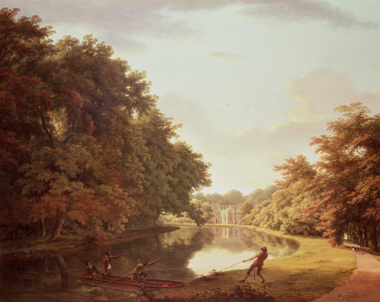 Punt a Clodiagh-folyónál a Charleville-erdőnél, Offaly a Castellated Farmtal és a Gothick Dairy-vel azon túl, 1810 körül alkotó: William Ashford