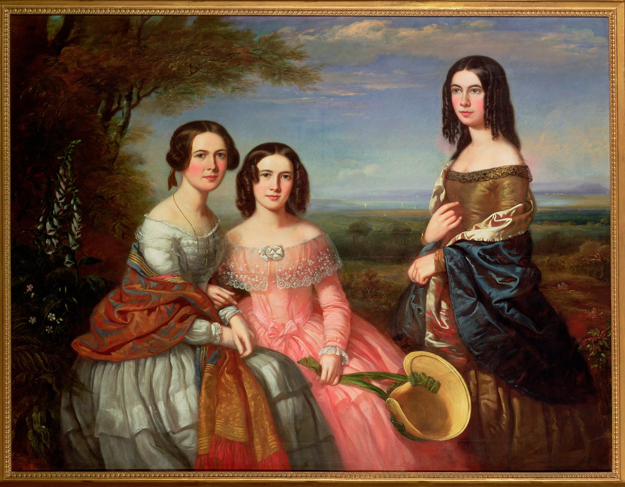 Három lány csoportos portréja, háromnegyed hosszú, tájban, 1849 alkotó: William Baker