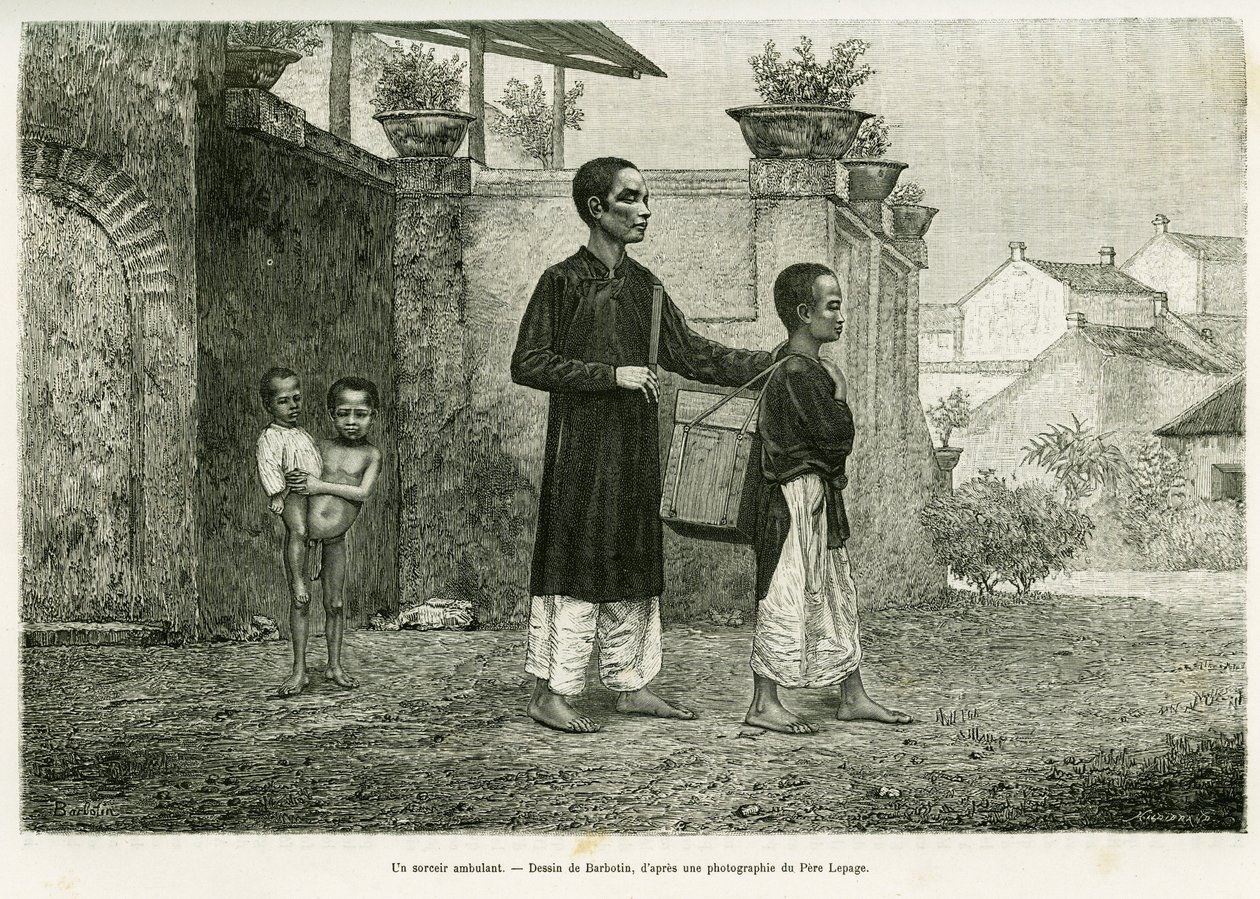 Egy két lábon járó varázsló, egy vak masszőr. Barbotin metszete, Paul Hocquard doktor Trente mois au Tonkin című elbeszélésének illusztrálására, 1884-ben, a le tour du monde 1890-ben, Edouard Charton (1807-1890) rendezésében, Hachette, Párizs. alkotó: William Barbotin