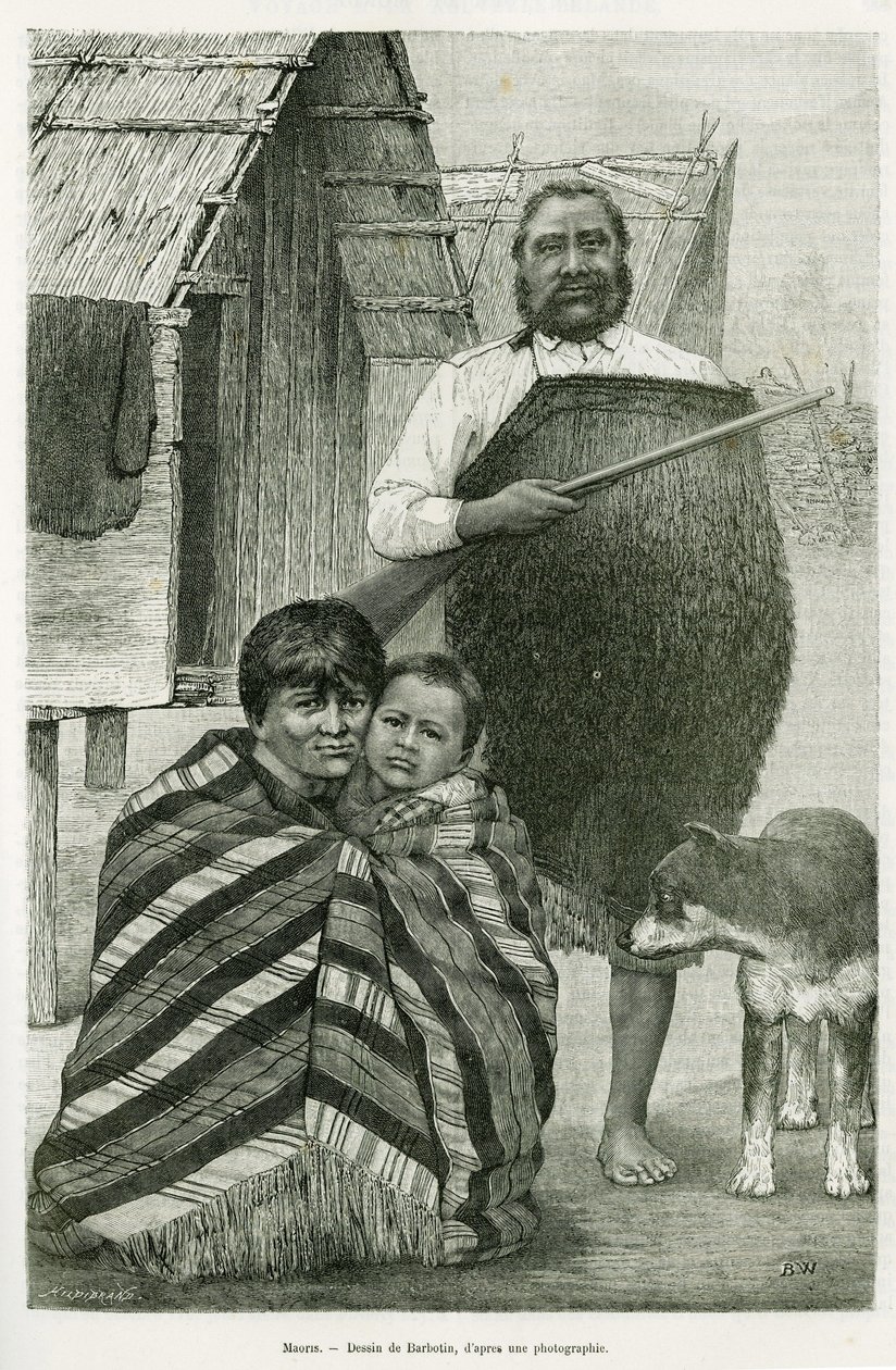 A maorik három generációja. Barbotin metszete a Voyage a la Nouvelle Zelande című történet illusztrálására, 1889-ben, G. Verschuur, in le tour du monde 1890, rendező: Edouard Charton (1807-1890), Hachette, Párizs. alkotó: William Barbotin
