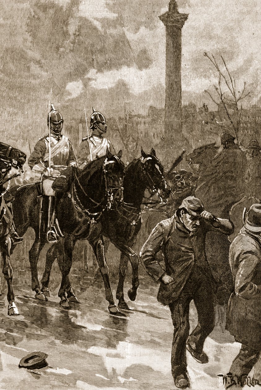 Véres vasárnap: Az életőrök a Trafalgar Square-en, 1887, illusztráció a „Cassell illusztrált Anglia történetéből” (szépia fotó) alkotó: William Barnes Wollen