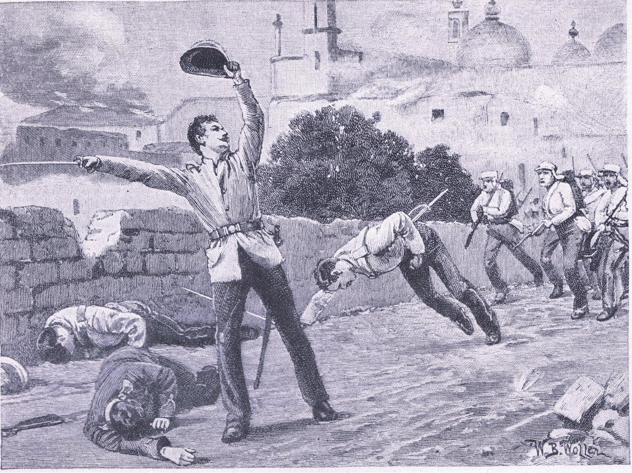 Carrying the Charbagu Bridge, Lucknow, 1857. szeptember 25., illusztráció a brit szárazföldi és tengeri csatákból, 1915 alkotó: William Barnes Wollen
