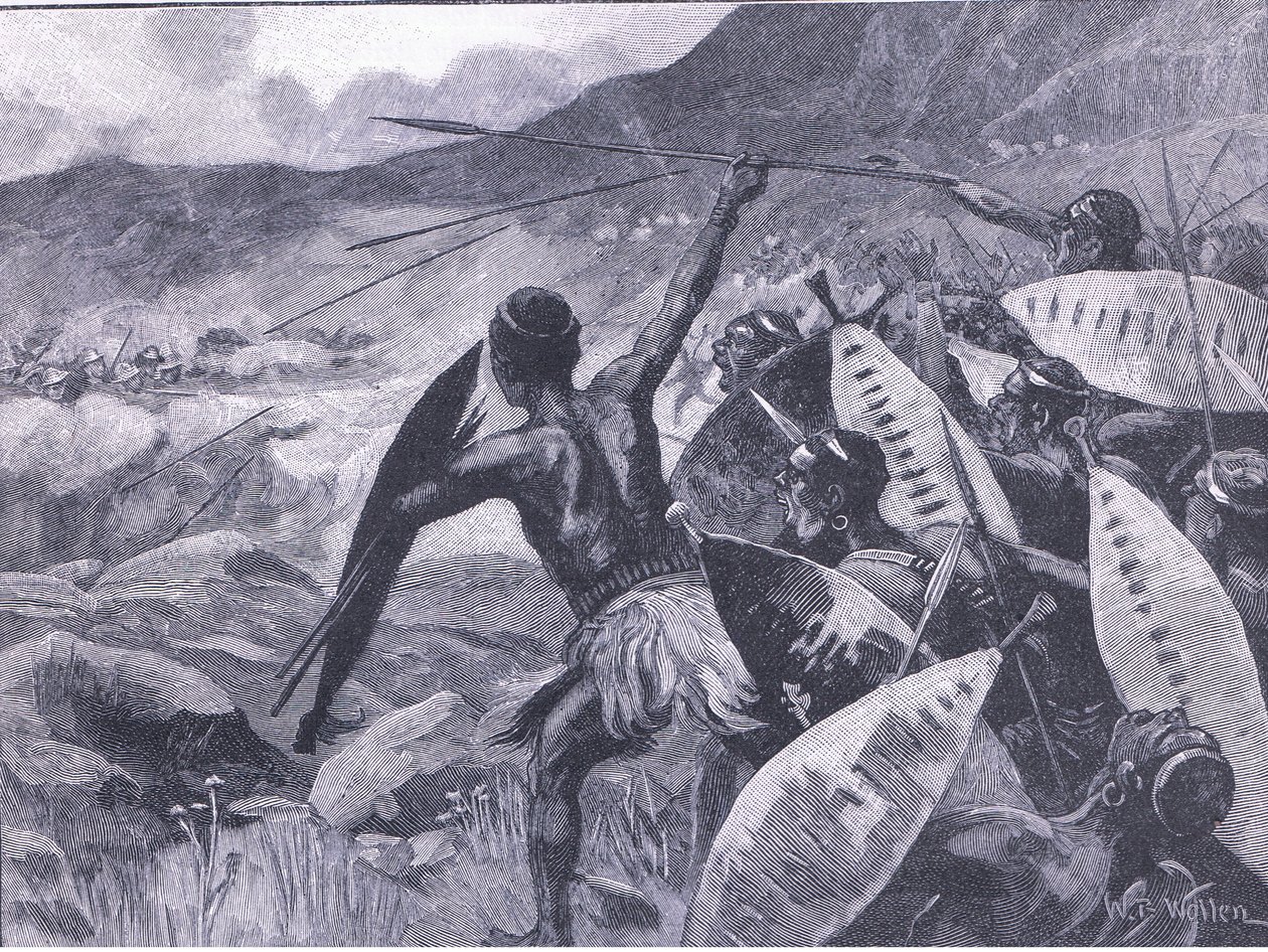 Harcok a Matopos-hegységben: a Matabele töltése, illusztráció a Cassells History of Englandből, 1900-as évek alkotó: William Barnes Wollen