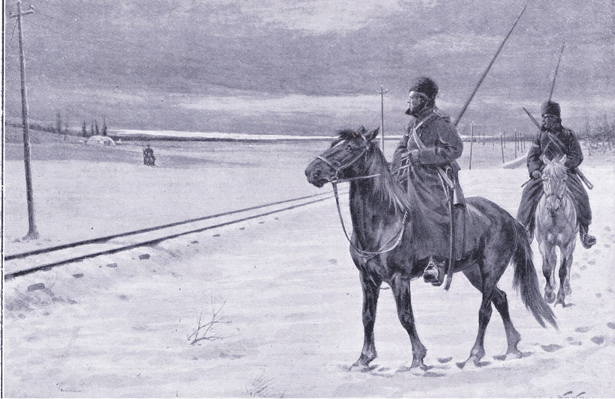 A vasút őrzése Mukden közelében, illusztráció: Cassells Az orosz-japán háború története, 1. kötet, 1900 körül alkotó: William Barnes Wollen