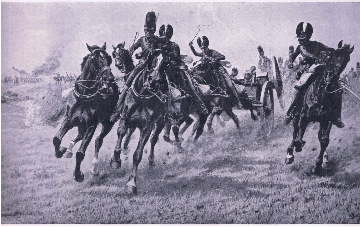 Fegyverek a frontra: Waterloo, 1815. június 18., illusztráció a brit szárazföldi és tengeri csatákból, 1915 alkotó: William Barnes Wollen
