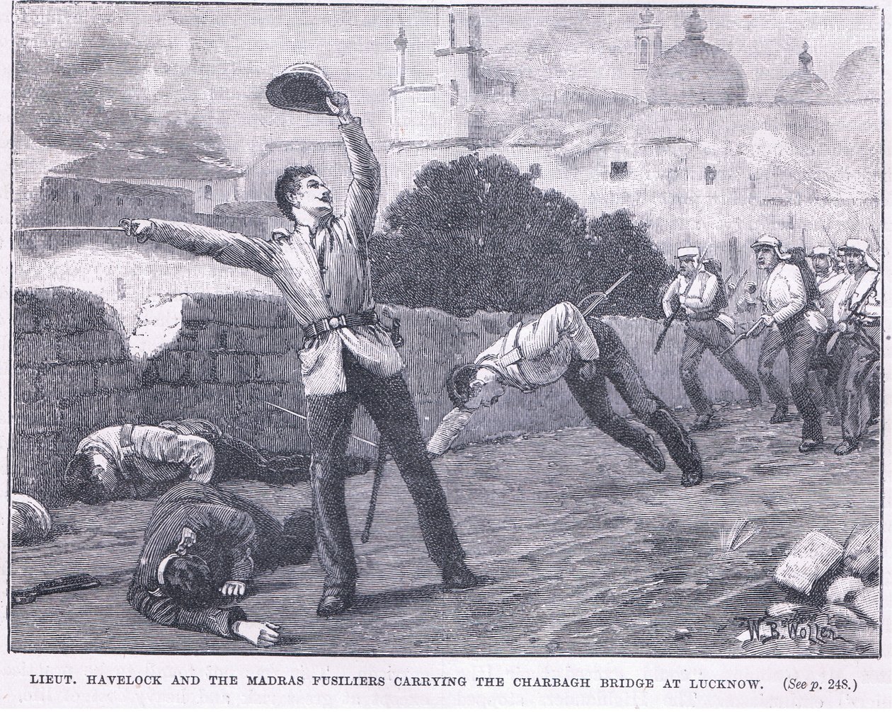 hadnagy. Havelock és a Madras fusilierek a Charbagh hidat szállítva Lucknowban 1857 alkotó: William Barnes Wollen