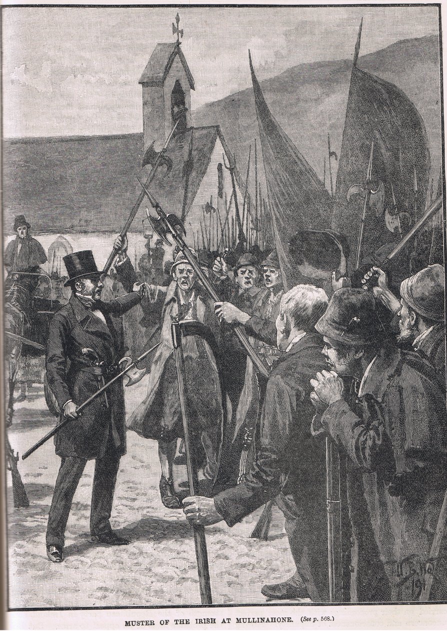 Az írek összeállítása Mullinahonében, illusztráció Cassell „Anglia illusztrált története” című művéből, 1910 körül megjelent alkotó: William Barnes Wollen