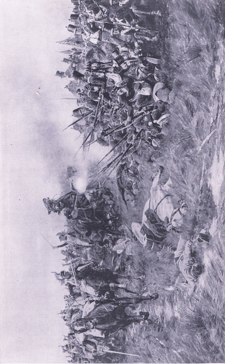 A 28. Gloucester Ezred francia lovasságot fogadott Waterlooban 1815. június 18-án, illusztráció a brit szárazföldi és tengeri csatákból, 1915 alkotó: William Barnes Wollen
