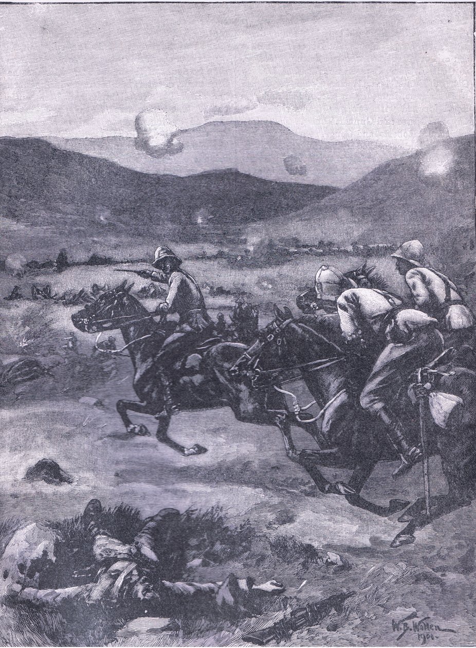 A colensói csata: Roberts hadnagy vágtázik, hogy a katasztrófát a fegyverek elé állítsa. Illusztráció: Cassells History of England, 1900-as évek alkotó: William Barnes Wollen