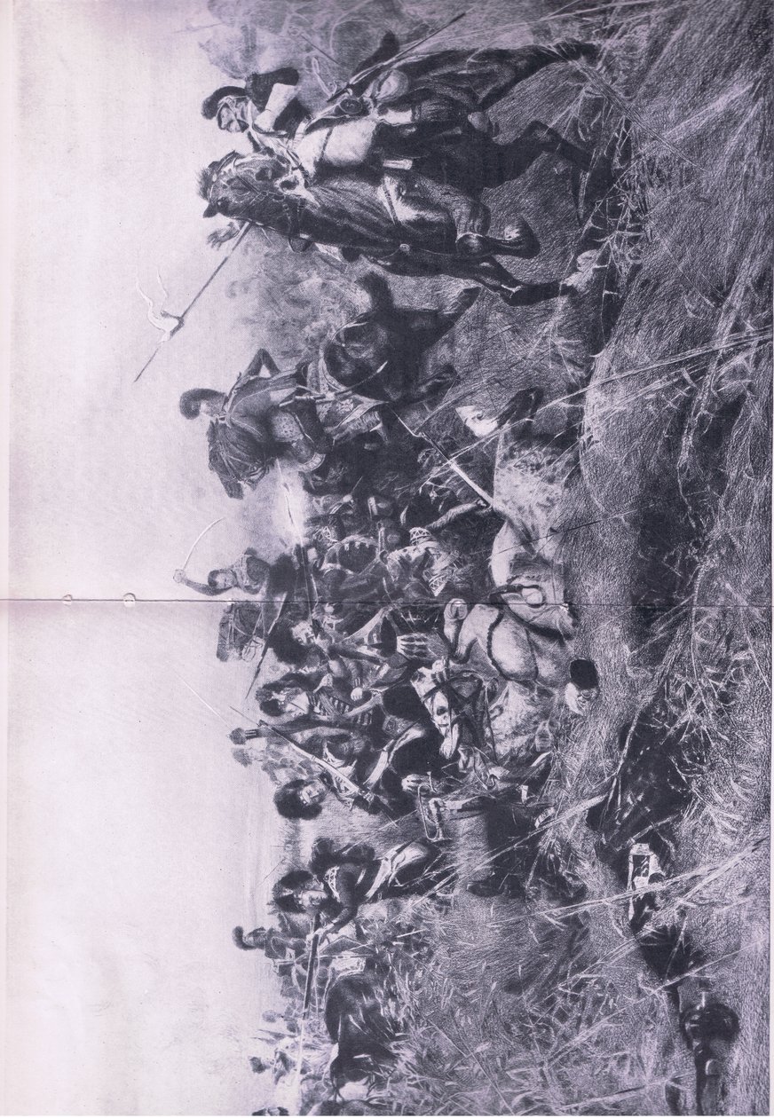 The Black Watch at the Battle of Quatre Bras, 1815. június 16., illusztráció a brit csaták szárazföldön és tengeren című filmből, 1915 alkotó: William Barnes Wollen