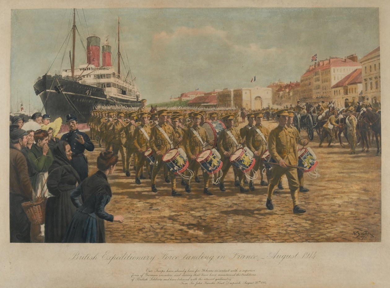 A brit expedíciós haderő partraszállása Franciaországban, 1914. augusztus alkotó: William Barnes Wollen