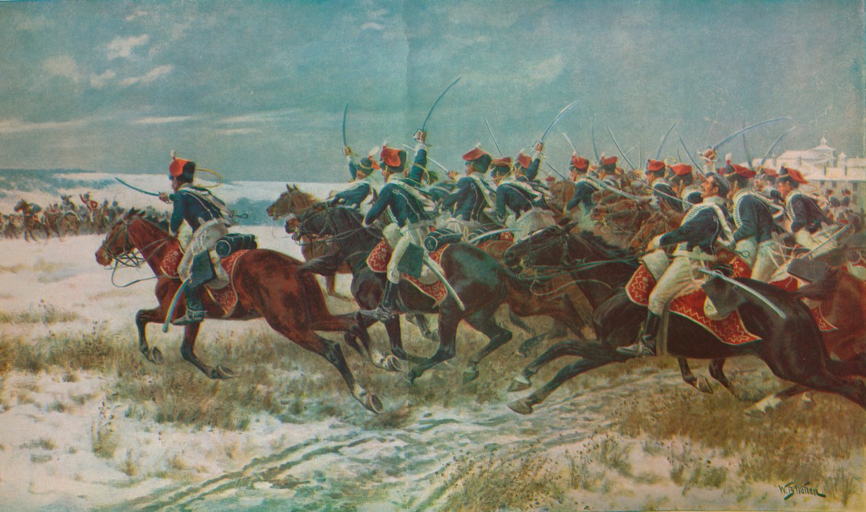 A 10. huszárok rohama a Benevente Corunna hadjáratnál, 1809, c1915 1928 alkotó: William Barnes Wollen