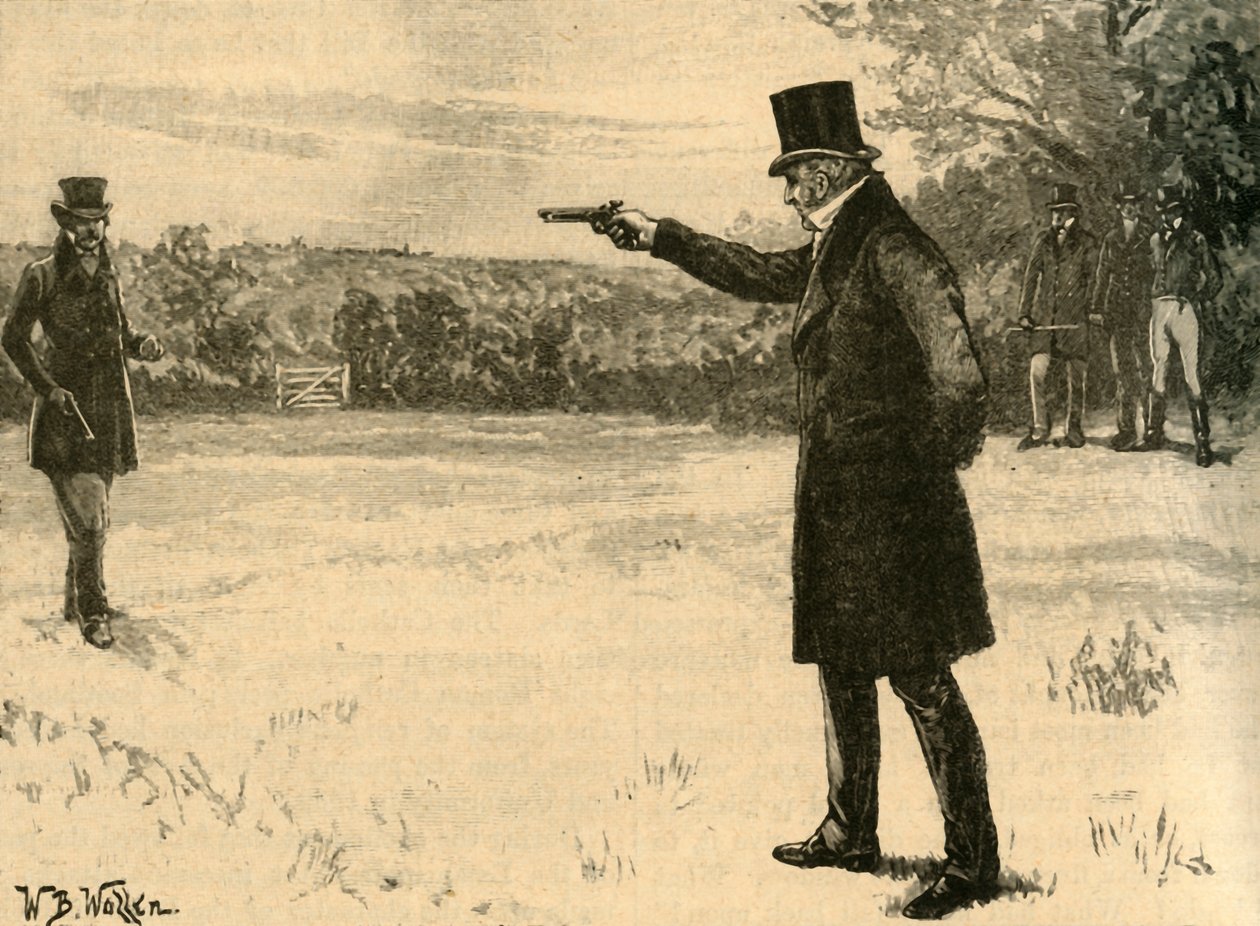 Wellington herceg párbaja Winchilsea grófjával, Battersea Fields, London, 1829 c1890. alkotó: William Barnes Wollen