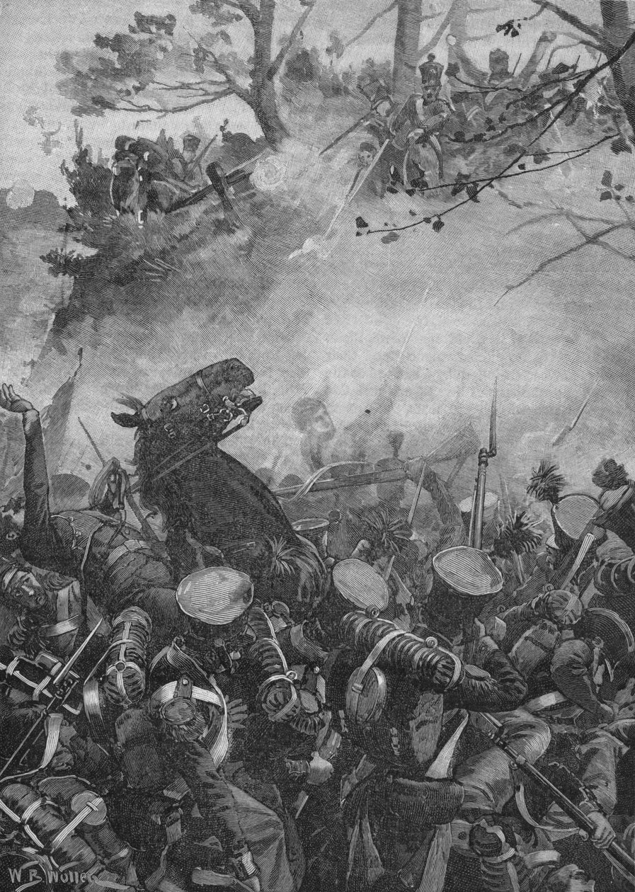 A franciák diadalmas kiáltozásokkal és tüzeléssel az üreges útra rohantak előre, 1902 alkotó: William Barnes Wollen