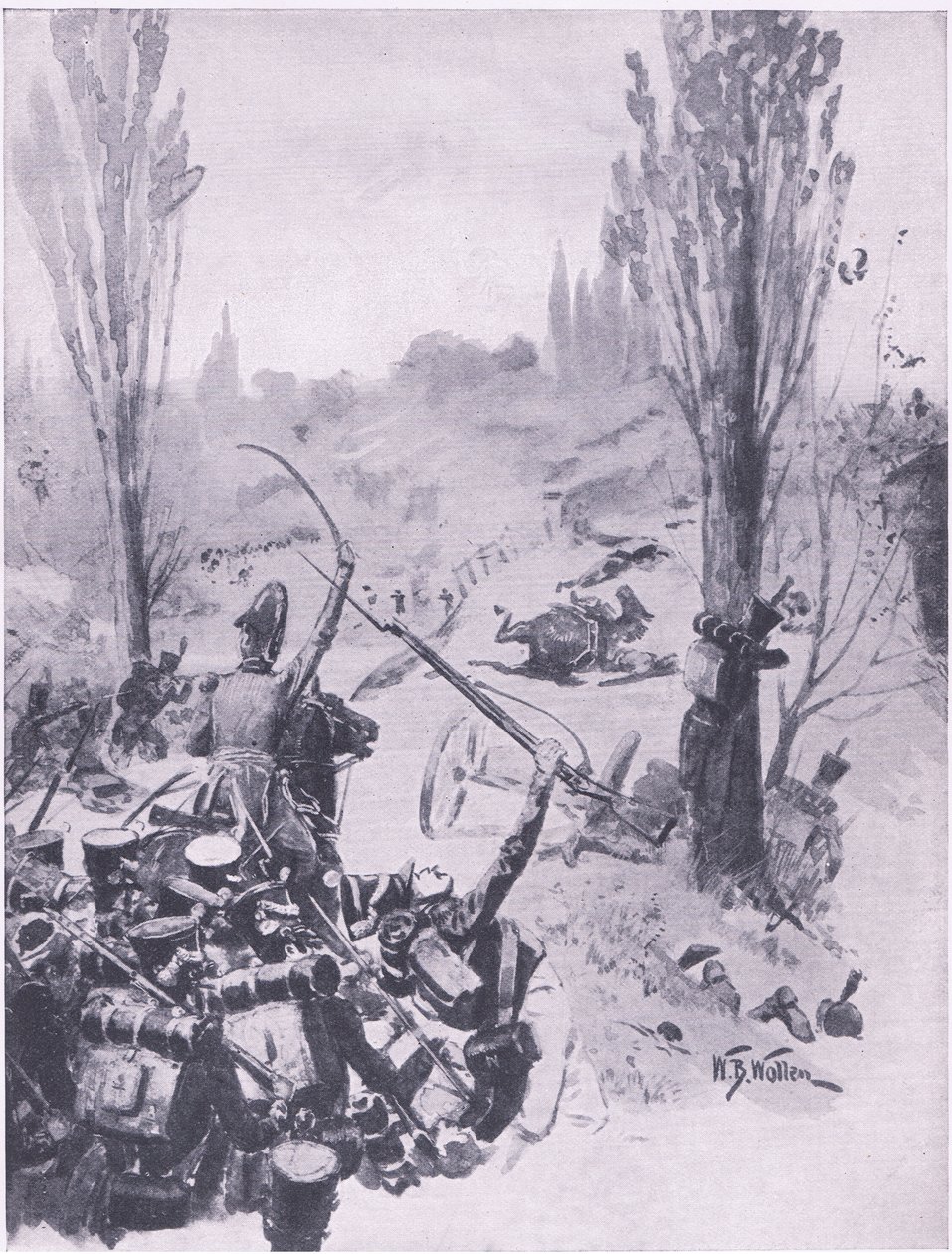 A francia csapatok előrenyomulása Lignynél, 1815. június 16., illusztráció a brit szárazföldi és tengeri csatákból, 1915 alkotó: William Barnes Wollen