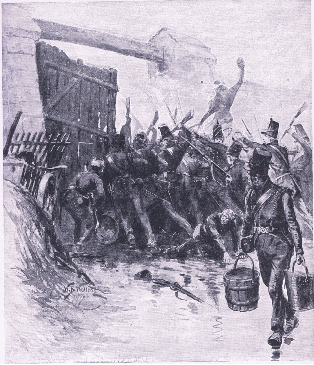 A La Haye Sainte elleni támadás, illusztráció a brit szárazföldi és tengeri csatákból, 1915 alkotó: William Barnes Wollen