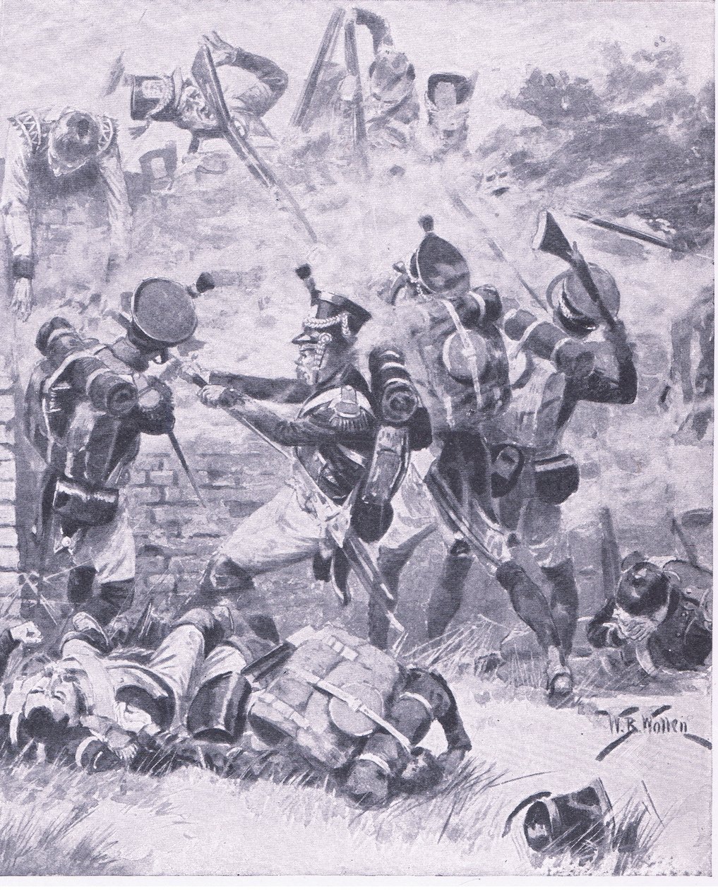 A hougomonti fal elleni támadás: Waterloo 1815, illusztráció a brit csaták szárazföldön és tengeren című filmből, 1915 alkotó: William Barnes Wollen