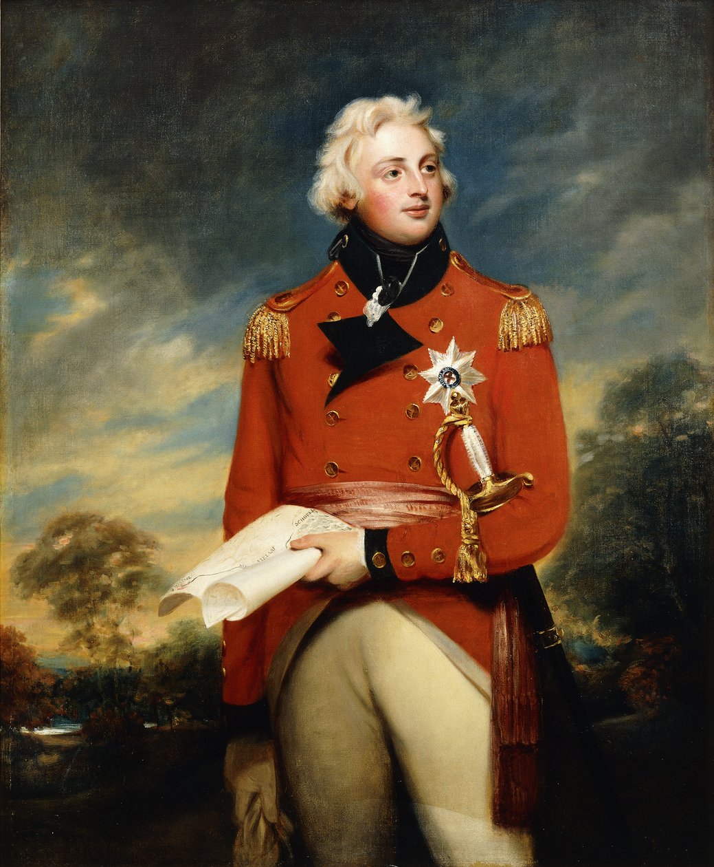 William Frederick, Gloucester 2. hercegének háromnegyed hosszúságú portréja, aki a 3. gárda ezredesének egyenruháját és a Harisnyakötő Rend Mellcsillagát viseli, és hadjárattervvel rendelkezik, erdős tájon, alkotó: William Beechey