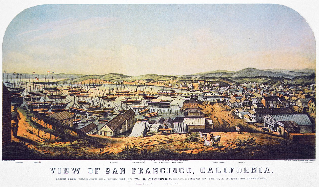Kilátás a kaliforniai San Francisco-ra a Telegraph Hillről, 1850. április (színes litho) alkotó: William Birch McMurtrie