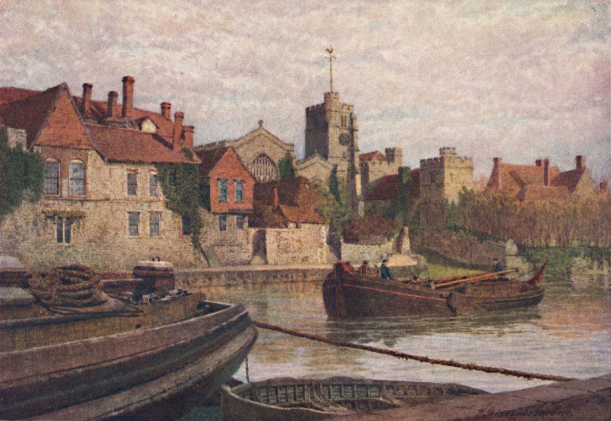 Maidstone. Az ókori palota, a templom és az Old College hátulja a Medway túloldaláról, 1900 alkotó: William Biscombe Gardner