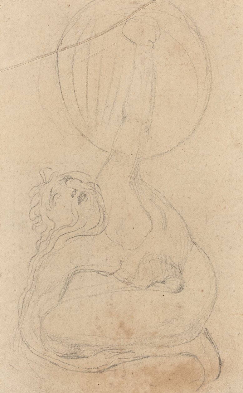 Guggoló, pajzsot tartó alak [fordítva] alkotó: William Blake