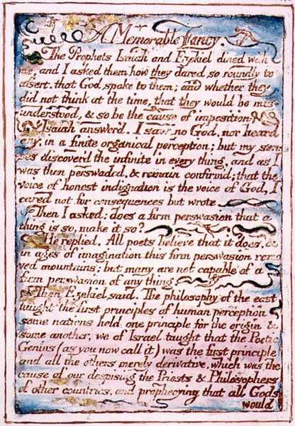 Emlékezetes képzelet, szöveg „A menny és a pokol házasságából”, 1790-1793 körül (domborműves tollal és akvarellel befejezve) alkotó: William Blake