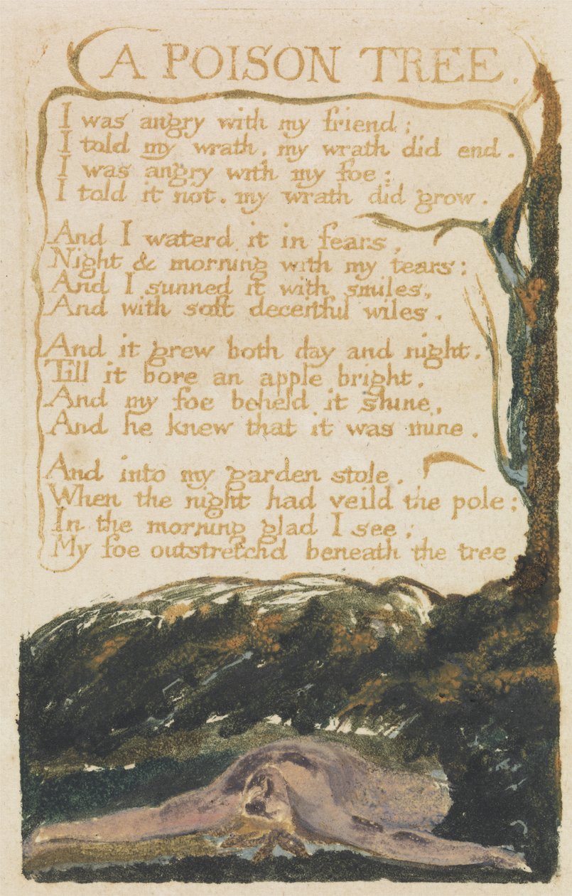 "A Poison Tree", 40. tábla a "Songs of Experience"-ből, 1794 (színes nyomtatott dombormű akvarellel) alkotó: William Blake