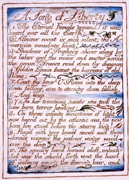A Szabadság dala, szöveg a Menny és Pokol házasságából, 1790-1793 körül (domborműves tollal és akvarellel befejezve) alkotó: William Blake